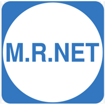 Logo de M.R.NET dans un cercle blanc avec texte bleu.